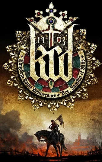 A medieval-style crest with ornate gold and red detailing, featuring the text 'Kingdom Come Deliverance' and '1403' at the…