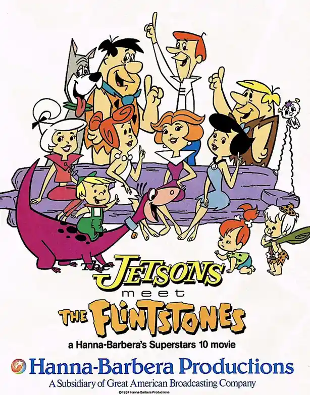 A promotional poster for 'The Jetsons meet The Flintstones,' featuring all main characters from both shows gathered…
