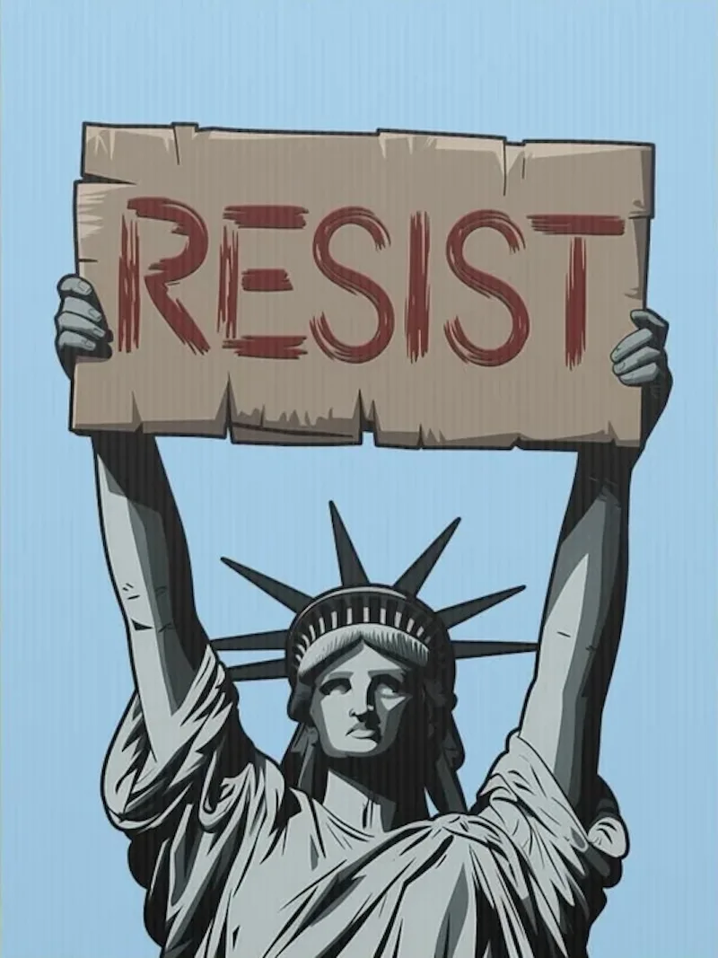 The Statue of Liberty is depicted holding up a cardboard sign with the word 'RESIST' written in red, bold, brush-stroke…