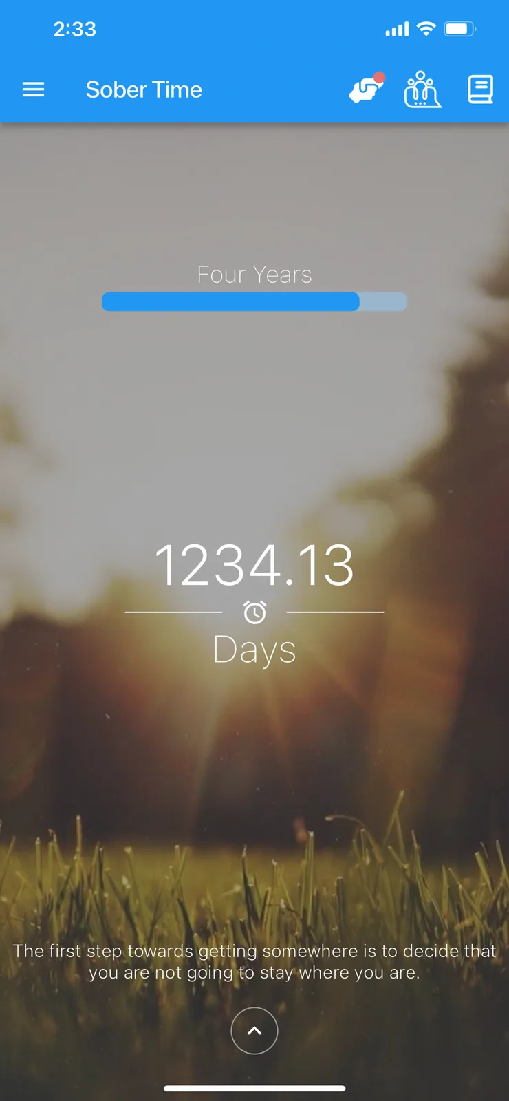A screenshot of a mobile app called 'Sober Time' shows a progress bar labeled 'Four Years' at 1234.13 days, set against a…