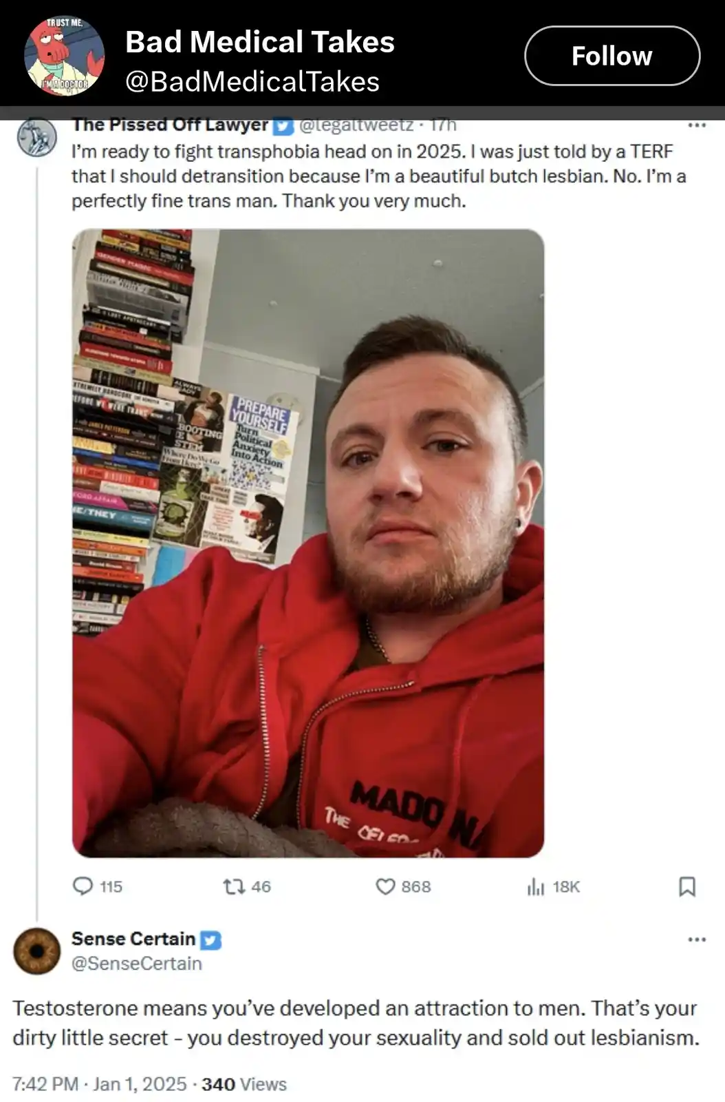 A screenshot of a Twitter thread shows a man in a red hoodie looking at the camera with a neutral expression, surrounded by…