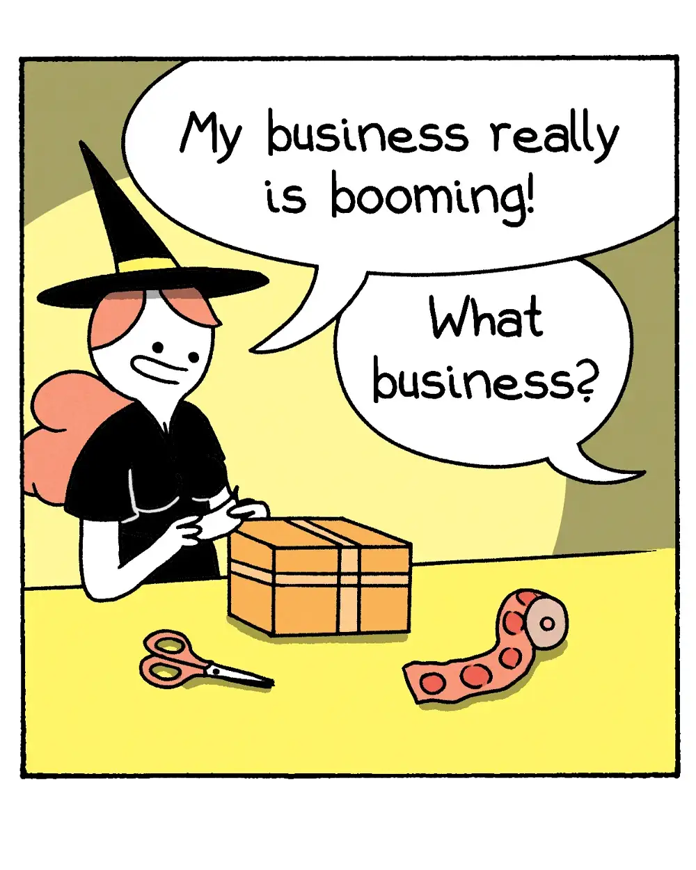 A cartoon witch in a black hat and dress sits at a yellow table wrapping a gift box with brown tape. A pair of scissors and…