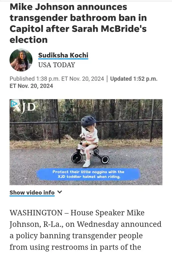 A screenshot of a USA TODAY news article about Mike Johnson announcing a transgender bathroom ban, overlaid with an image of…
