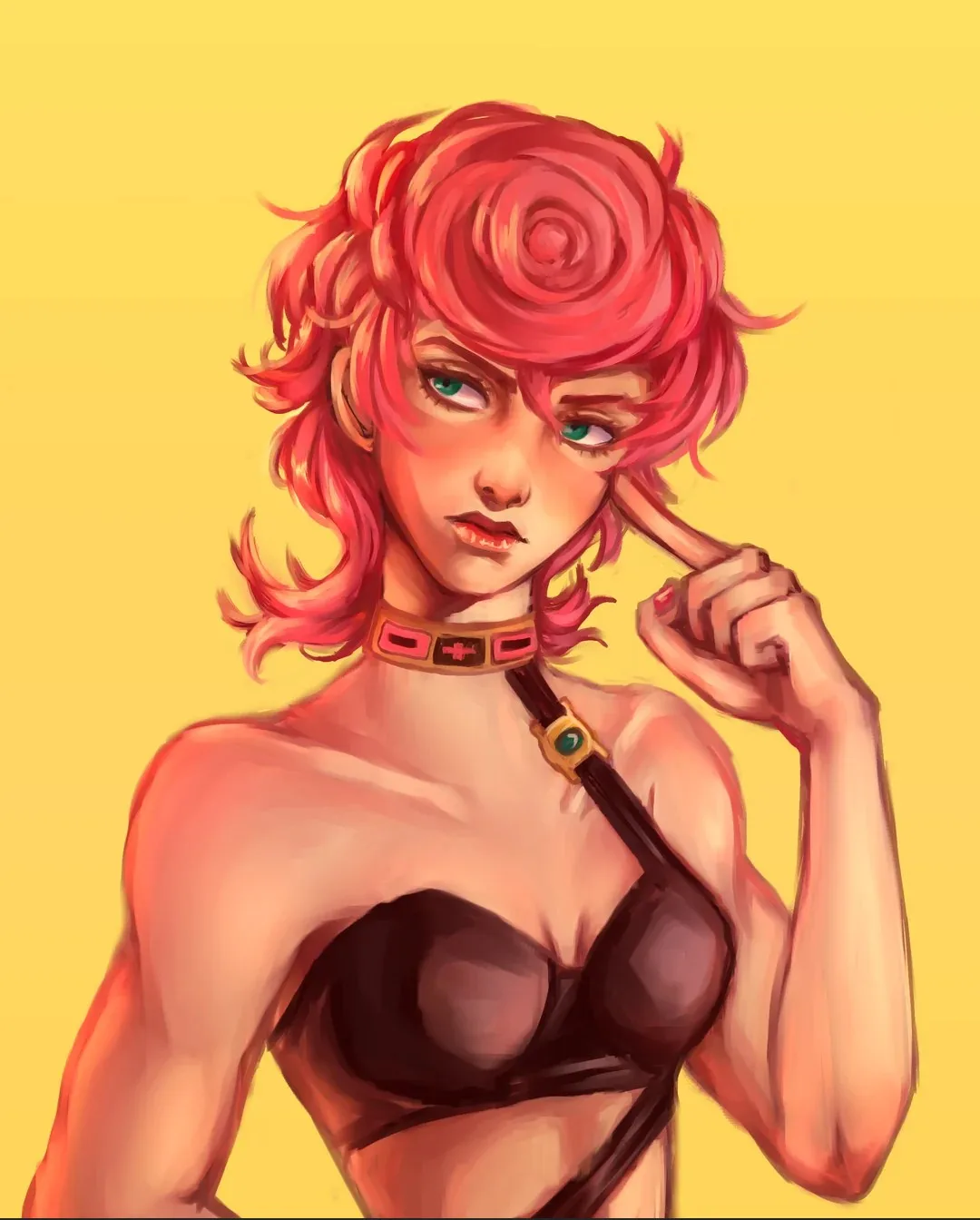 An anime-style illustration of a woman with vibrant pink hair styled in a spiral, wearing a black bra and a distinctive…