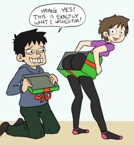 A cartoon man kneels holding a gift box while a woman stands behind him, her body partially inside the box, revealing her…