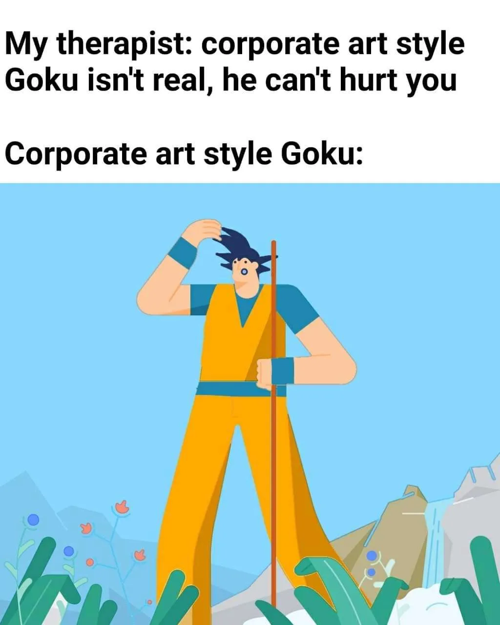 The image shows a cartoon-style illustration of Goku in a corporate art style, wearing an orange jumpsuit with blue accents…
