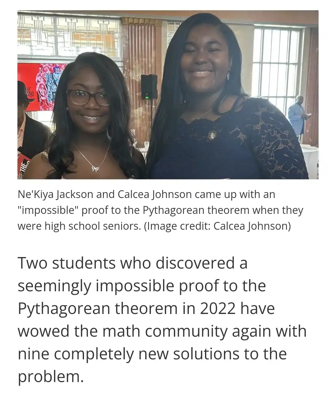 Two young Black women, Ne'Kiya Jackson and Calcea Johnson, are smiling for a photo at an event. The overlaid text states…