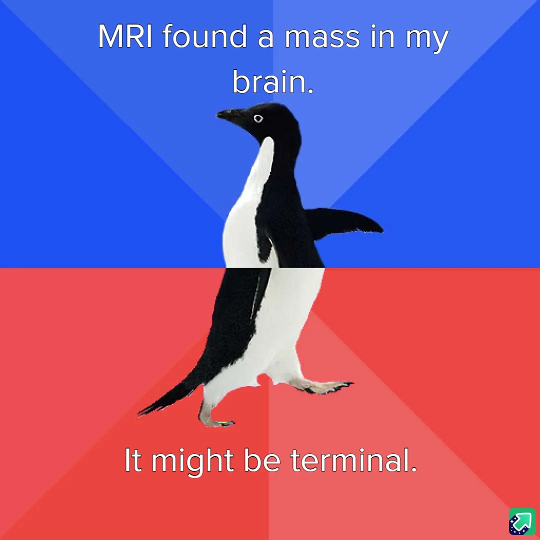 A penguin stands centered against a split background of blue and red, with white text overlaid. The top text reads 'MRI…