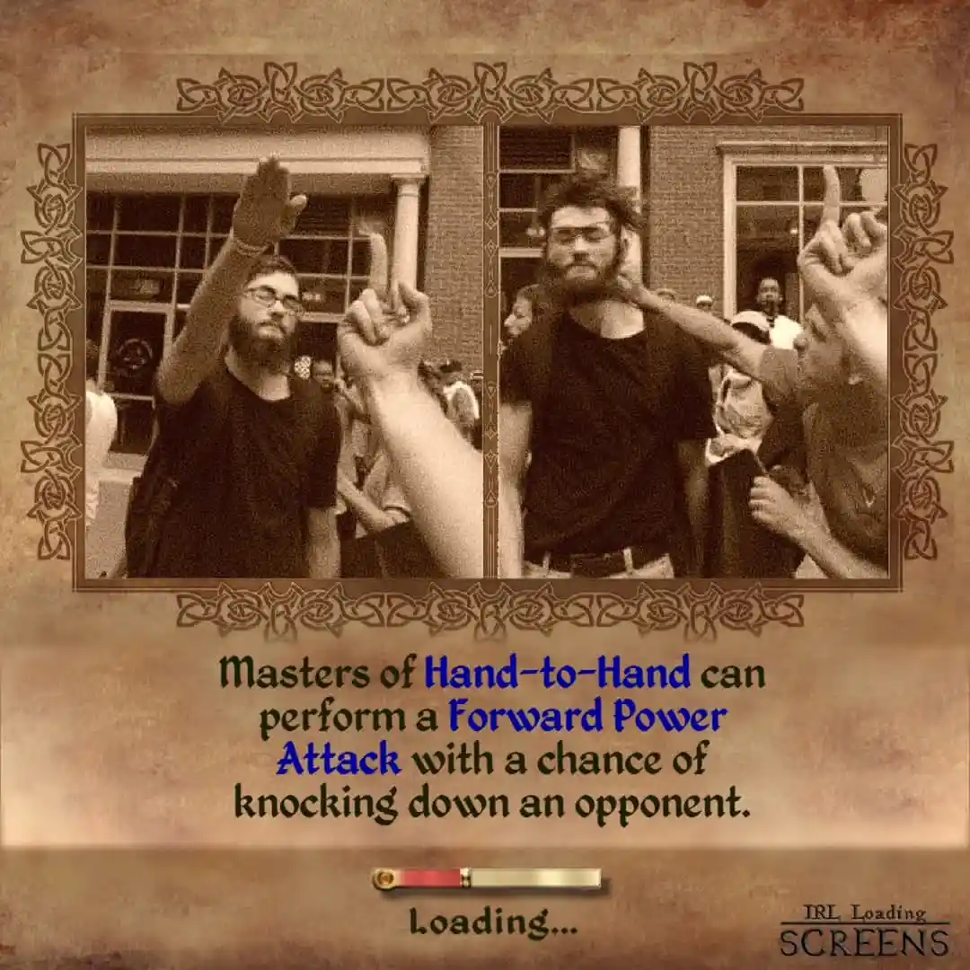 A sepia-toned image shows two side-by-side photos of a bearded man in a crowd, both with his hand raised in a fist. Overlaid…