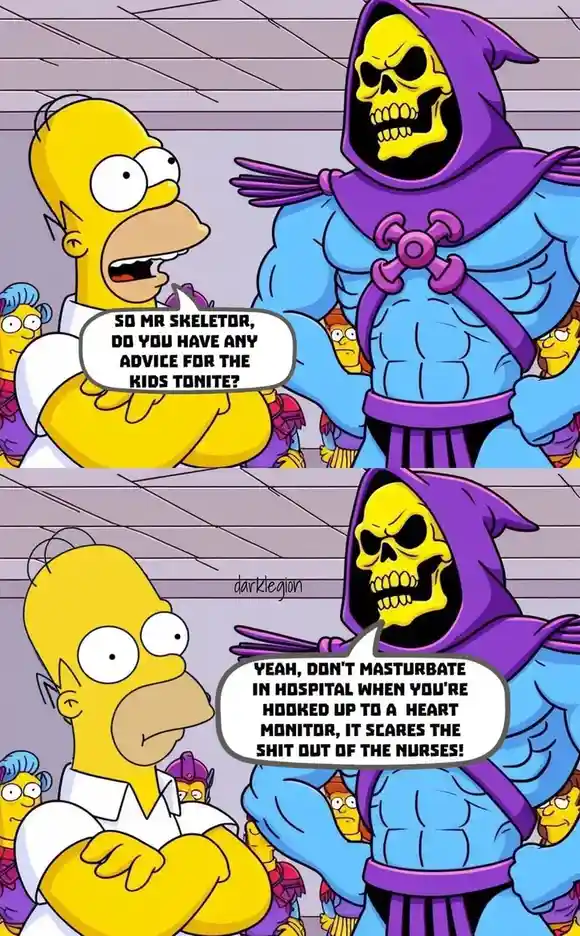 The image is a two-panel meme featuring Homer Simpson asking Skeletor for advice. In the first panel, Homer asks Skeletor…