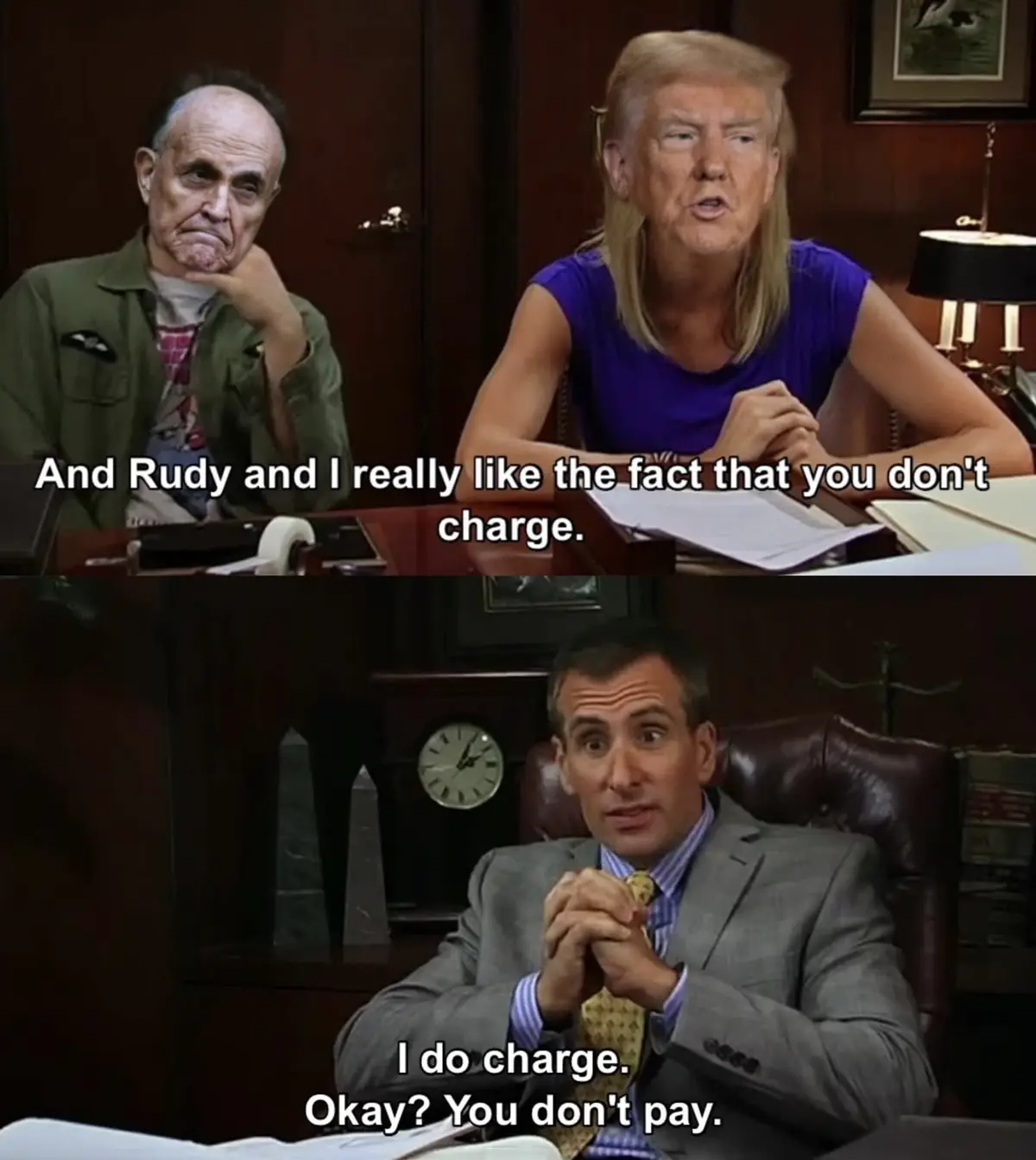 The top panel shows a man with a skeptical expression sitting beside a woman with long blonde hair in a purple shirt, with…