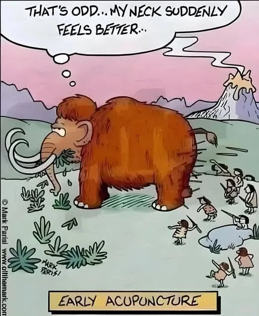 A cartoon mammoth stands in a prehistoric landscape with a volcano in the background, looking down at a group of primitive…