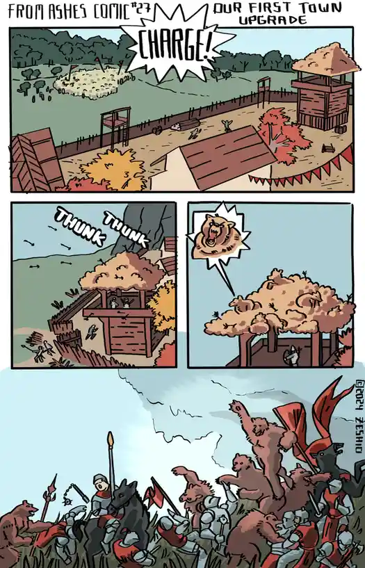 A comic strip titled 'FROM ASHES COMIC #27 OUR FIRST TOWN UPGRADE' shows a medieval-style town with wooden walls and towers…