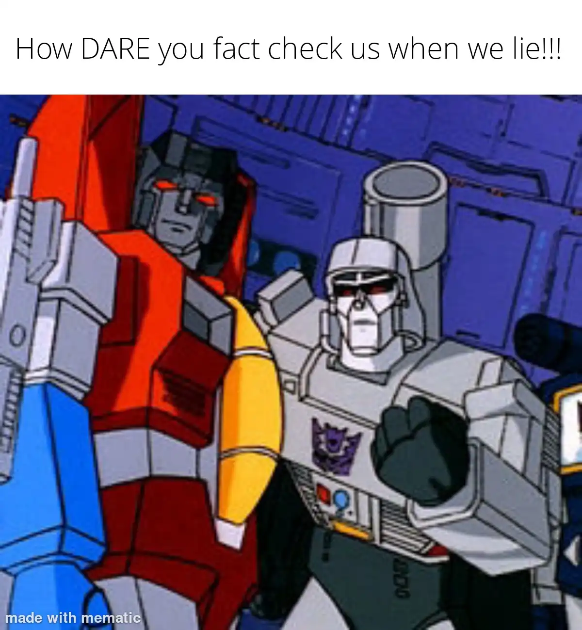 Two animated Transformers, one red and blue with a stern expression and another silver with a fist raised, are shown in a…