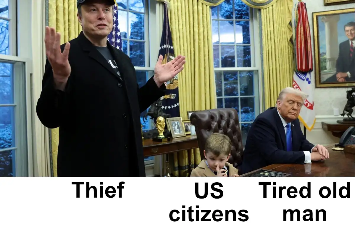 In the Oval Office, Elon Musk stands with hands raised, while Donald Trump sits at the desk looking tired. A young boy sits…