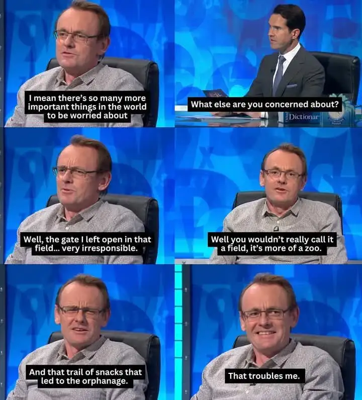A six-panel meme from a TV show featuring a man in glasses and a grey shirt responding to a question about what he's worried…