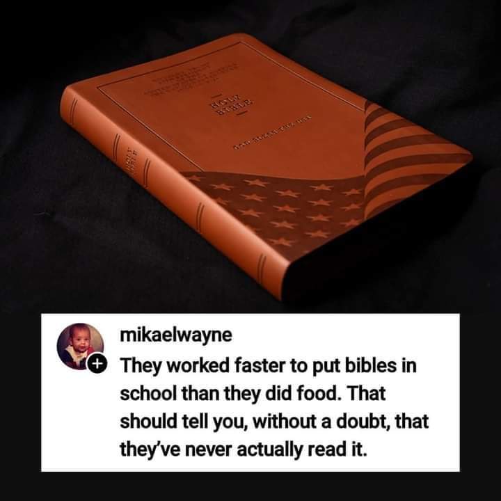 A brown leather-bound Bible with an American flag design on the cover rests on a black surface. Below it is a screenshot of…