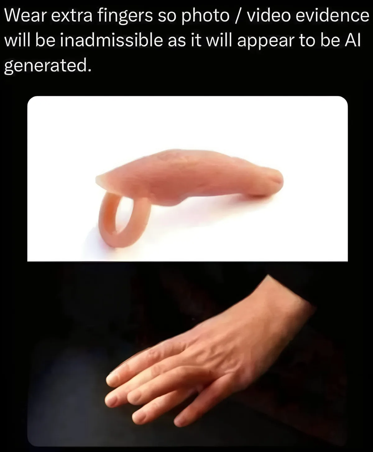 The image displays two panels: the top shows a single, flesh-toned, ring-shaped prosthetic finger against a white…