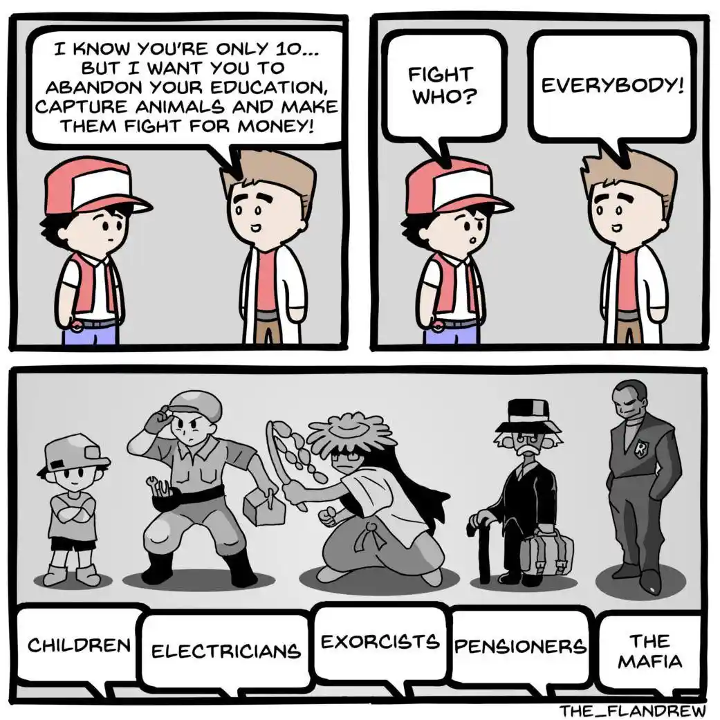 A three-panel comic shows a young boy in a red cap being told to abandon school and capture animals for fighting. He asks…