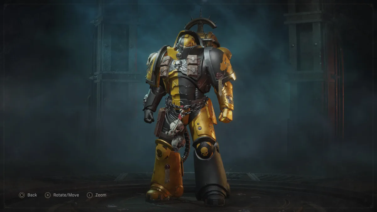 A heavily armored space marine stands in a dim, smoky environment, his power armor split vertically down the middle: one…