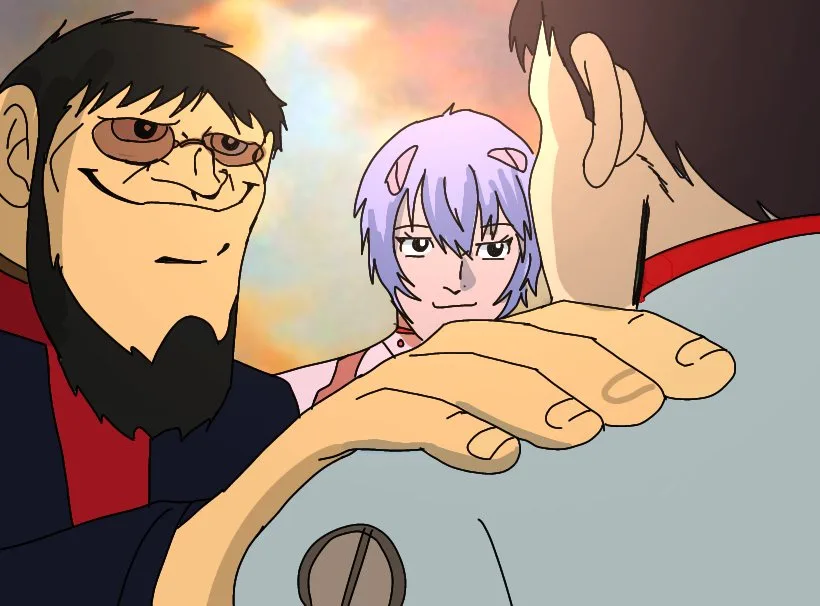 An anime scene shows a bearded man with glasses and a smirk holding a hand over another person's shoulder, while a…