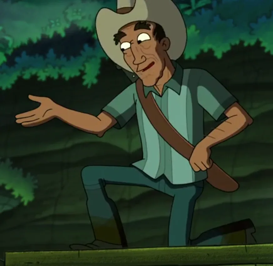 An animated man in a cowboy hat and green shirt kneels on a wooden surface, holding a rifle strap over his shoulder and…
