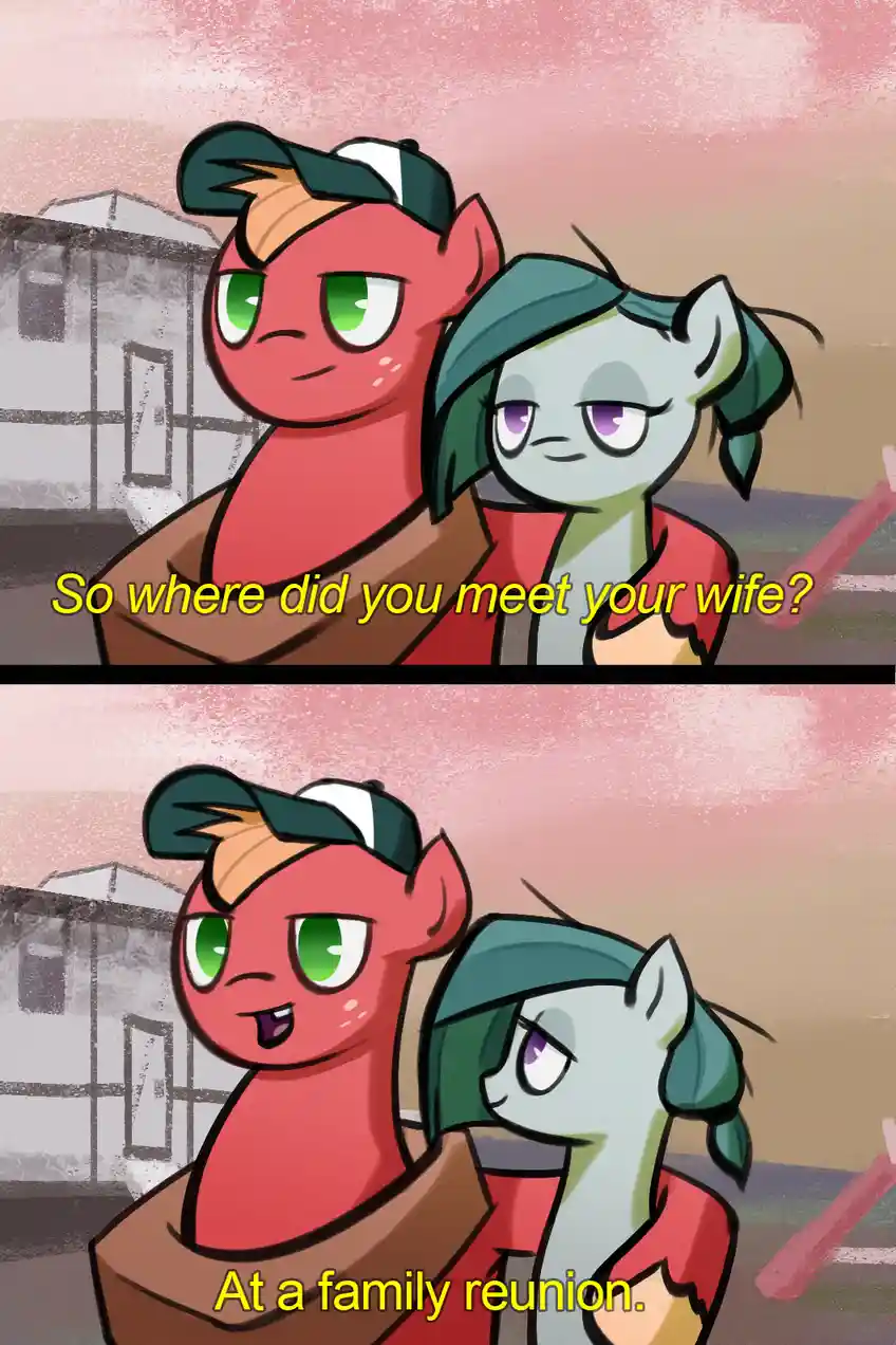 Two cartoon ponies, one red with green eyes and a cap, the other gray with purple eyes and green hair, are shown in two…