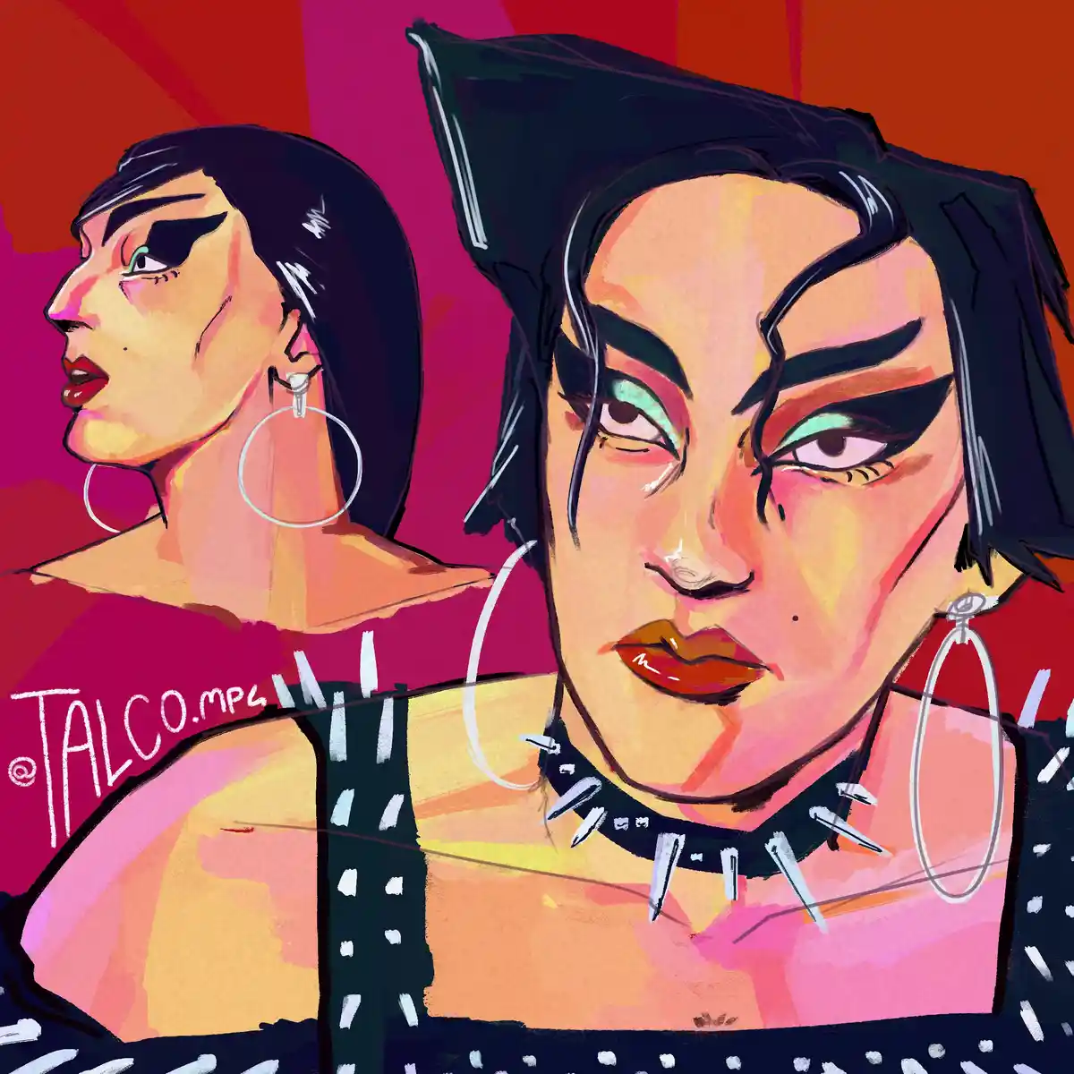 A stylized digital illustration shows two views of a person with short black hair, heavy black eyeliner, and teal eyeshadow…