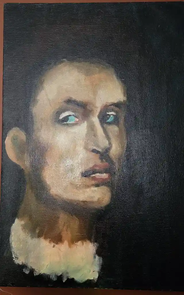 An oil painting of a man's head and shoulders against a dark background, with visible brushstrokes and a somewhat unfinished…