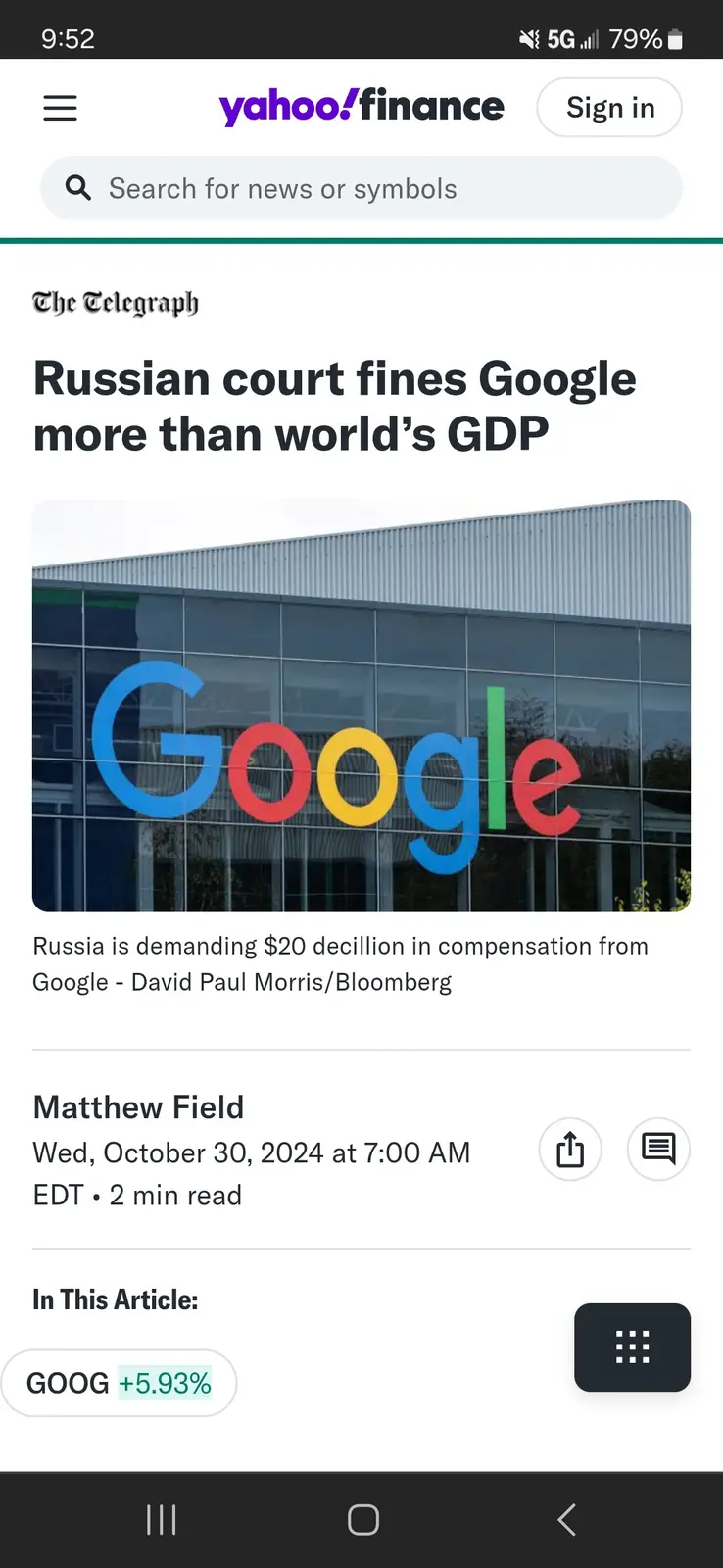 A screenshot of a Yahoo Finance article from The Telegraph shows a headline claiming a Russian court fines Google more than…