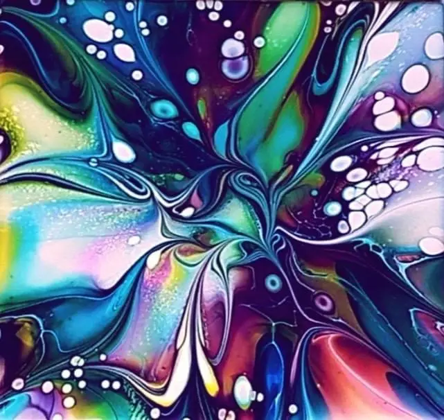 a vibrant abstract painting featuring swirling patterns of teal, purple, green, and pink with white bubble-like dots…