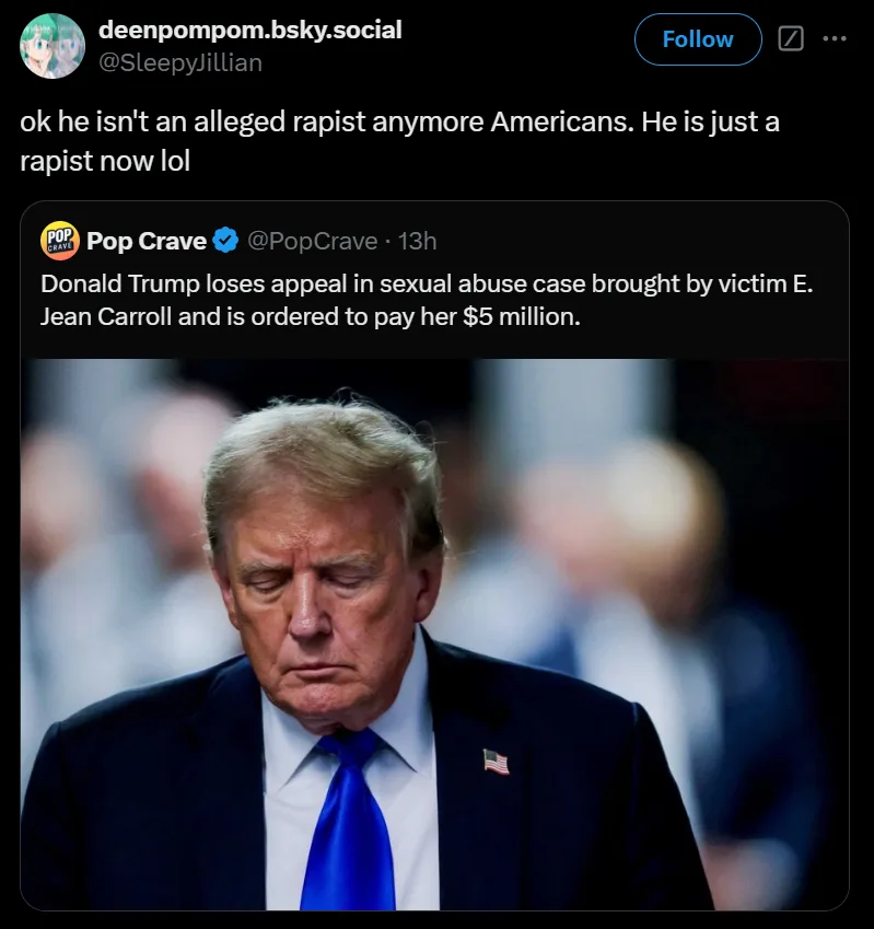 A screenshot of a social media post shows a photo of Donald Trump looking downcast in a dark suit and blue tie, with an…