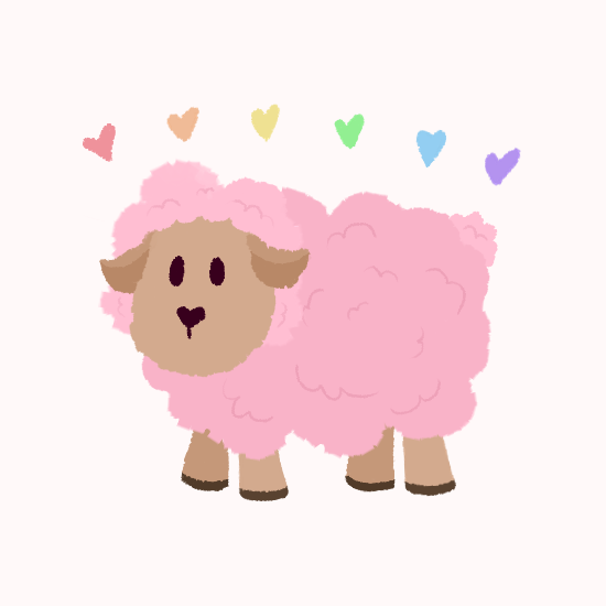 A cartoon sheep with fluffy pink wool and a brown face stands facing forward, with a small heart-shaped nose. Above its head…
