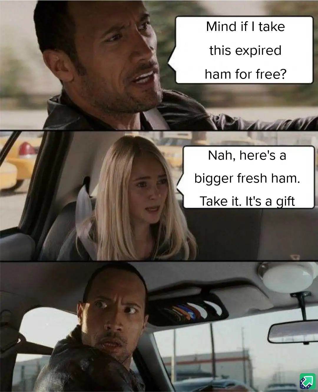 A three-panel meme featuring Dwayne 'The Rock' Johnson in a car asking for expired ham for free, a woman offering him a…