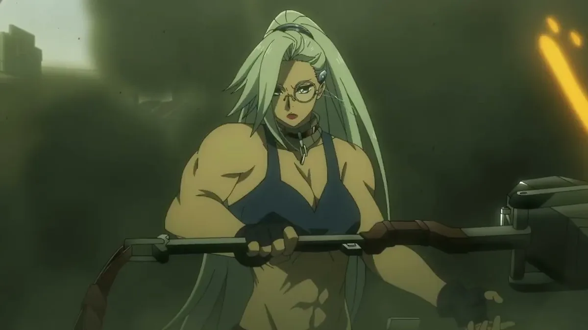 An anime woman with long silver hair and glasses, wearing a blue tank top and black gloves, grips a large mechanical barbell…