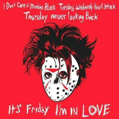 A red background features a cartoonish Jason Voorhees with a white hockey mask and messy black hair. Overlaid text…