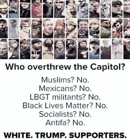A grid of 30+ men's faces, mostly white, in various poses and attire, overlaid with text listing false accusations of who…