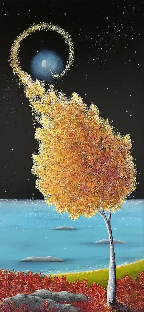 A surreal painting depicts a solitary tree with vibrant orange and yellow autumn leaves standing by a blue body of water…