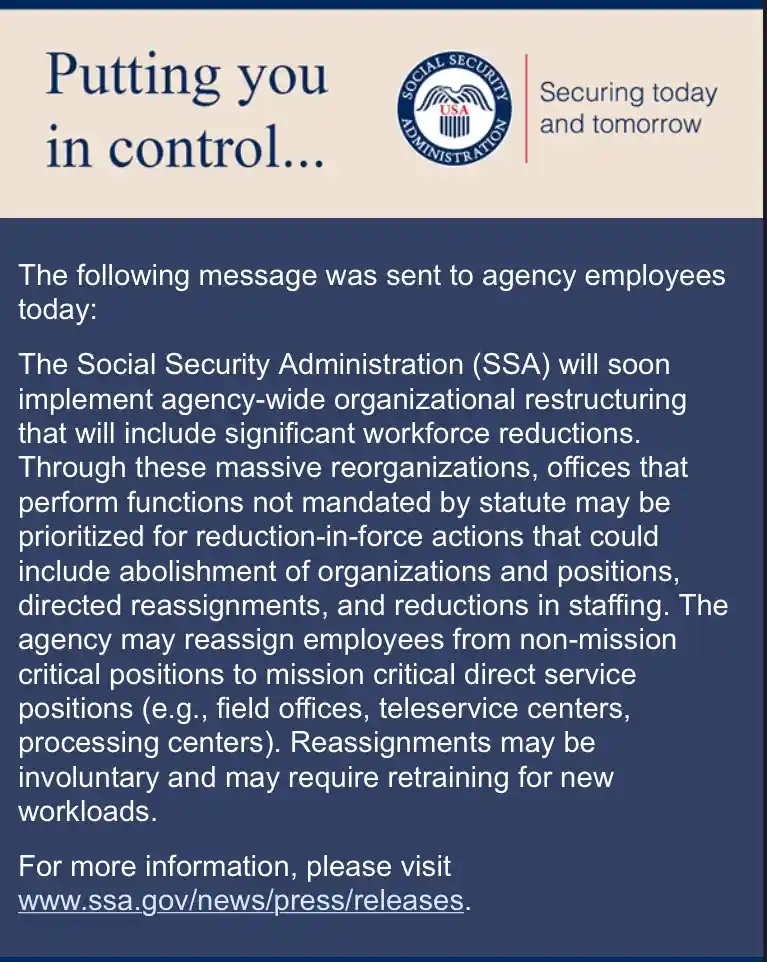 The image displays a mock official notice from the Social Security Administration with the header 'Putting you in…