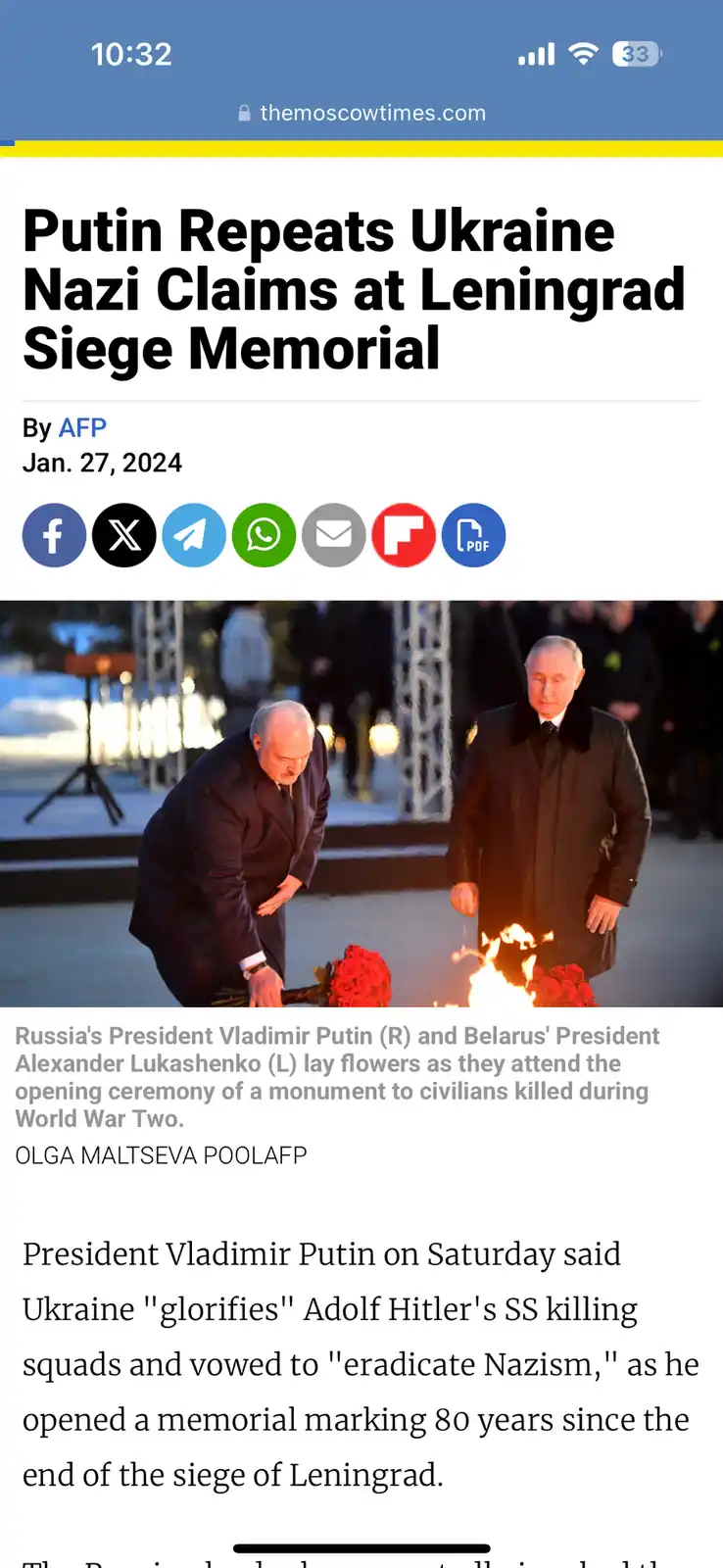 A screenshot of a news article from themoscowtimes.com dated Jan. 27, 2024, shows Russian President Vladimir Putin (right)…