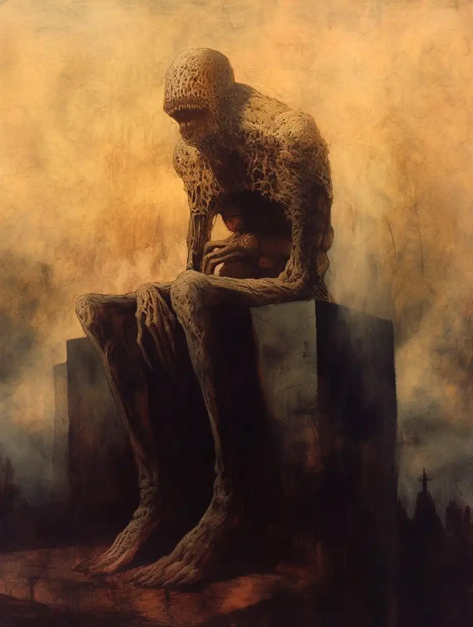 A dark, surreal painting depicts a grotesque, decaying humanoid figure with a skeletal, root-like body sitting on a stone…