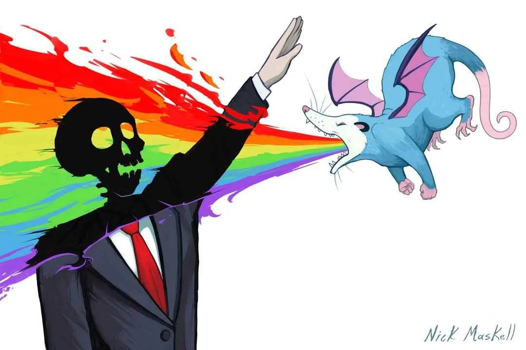 A cartoon skeleton in a suit and red tie raises a hand to stop a blue bat-like creature with purple wings that is blasting a…