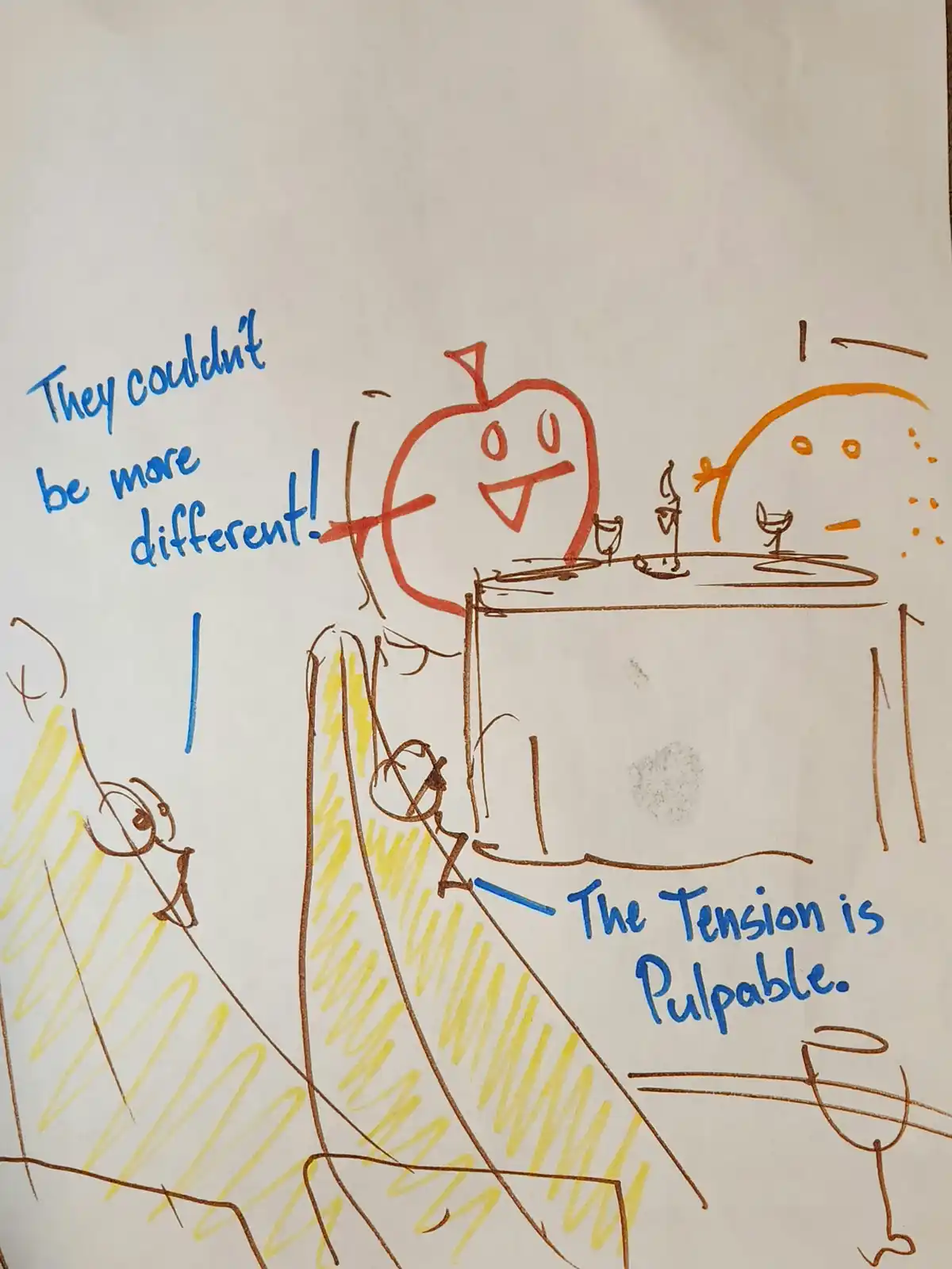 A hand-drawn cartoon shows two anthropomorphic fruits, an apple and an orange, sitting at a dining table with wine glasses…