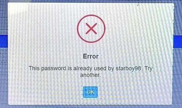 A computer error dialog box with a red circle containing an X, displaying the message 'Error: This password is already used…