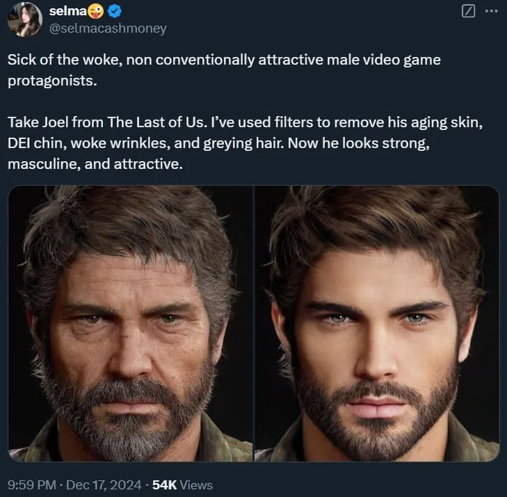 The image displays a side-by-side comparison of the video game character Joel from The Last of Us. The left panel shows his…