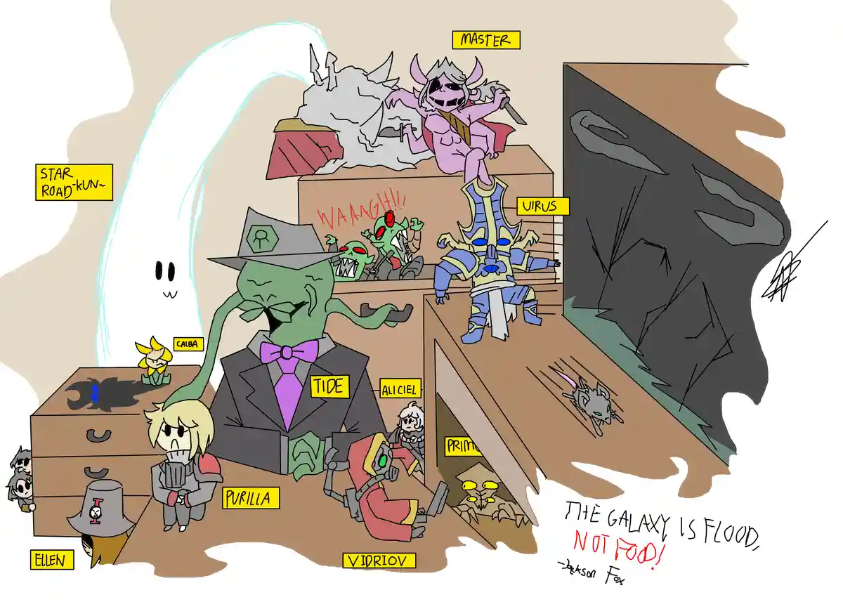 A chaotic cartoon scene shows multiple labeled characters—like Tide, Purilla, and Master—surrounded by boxes, a ghost, and a…