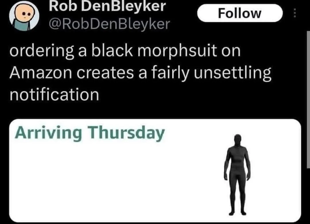 A screenshot of a Twitter post by Rob DenBleyker showing an Amazon delivery notification for a 'black morphsuit' that reads…