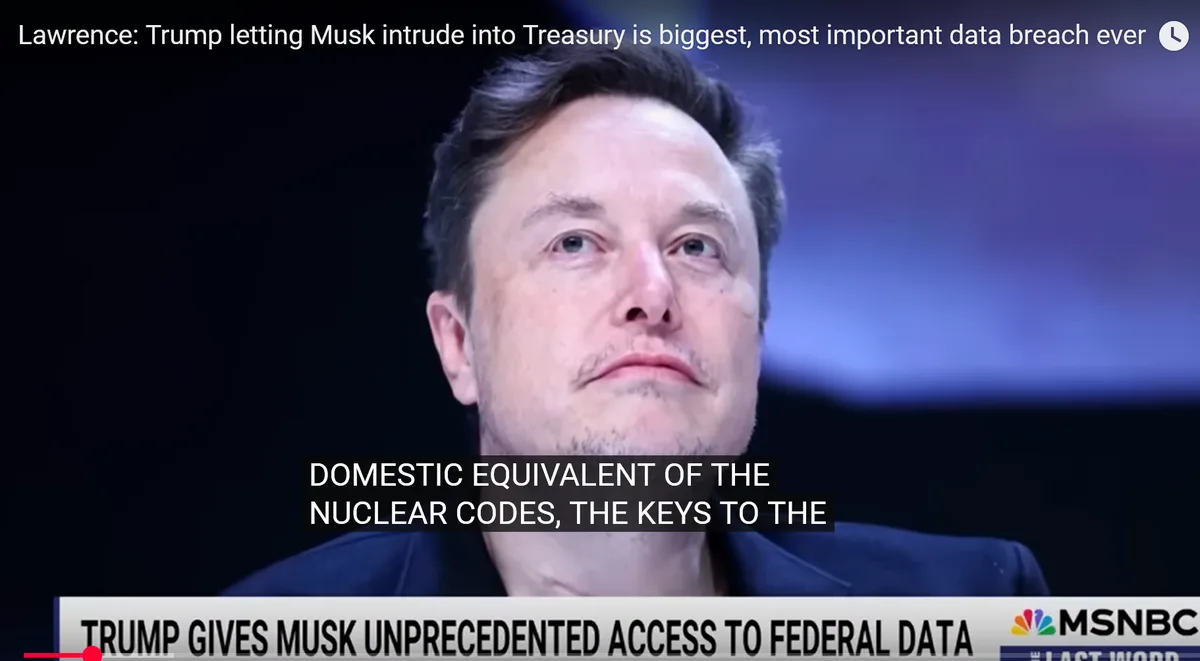 A close-up image of Elon Musk with a serious, slightly upward-looking expression, overlaid with text claiming his access to…