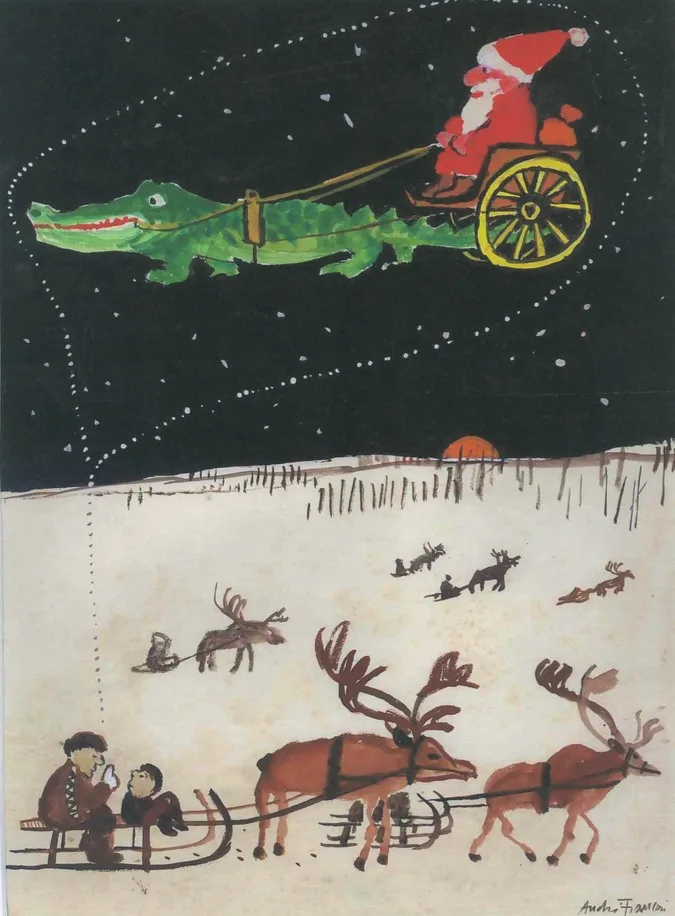 A vintage-style illustration shows Santa Claus in his red suit riding a green crocodile pulling a sleigh with yellow wheels…
