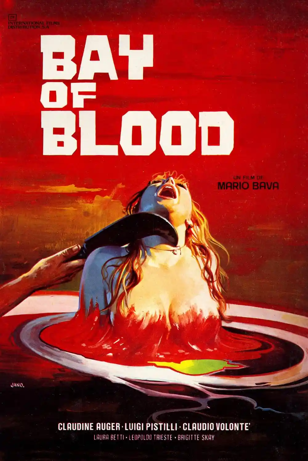 A vintage horror movie poster for 'Bay of Blood' by Mario Bava, depicting a woman screaming as a hand holds a knife to her…